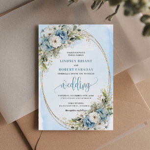 Boho Watercolor Dusty Blue Floral Gold Wedding Invitation