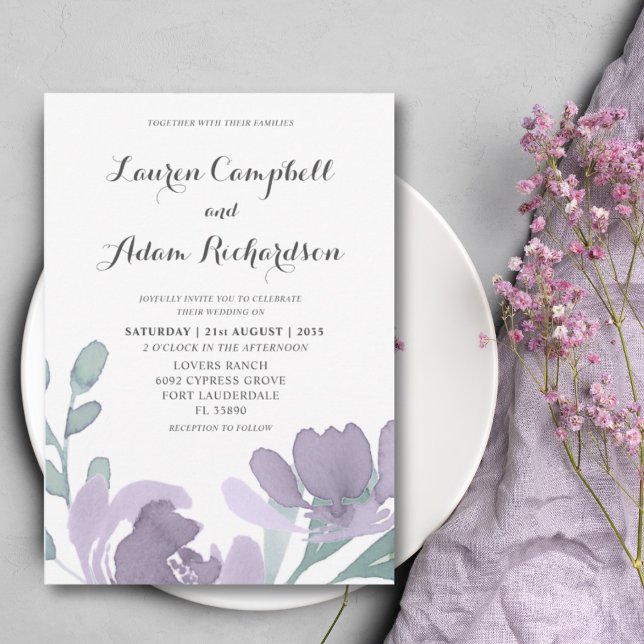 Boho Watercolor Dusty Purple Florals Wedding  Invitation (Creator Uploaded)