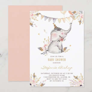Boho Watercolor Elephant Floral Baby Shower Invitation