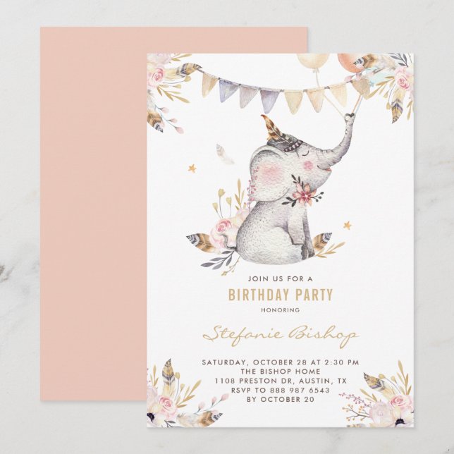 Boho Watercolor Elephant Floral Kids Birthday Invitation (Front/Back)