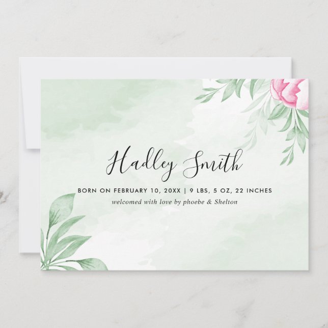 Boho Watercolor Eucalyptus Birth Announcement Card (Front)