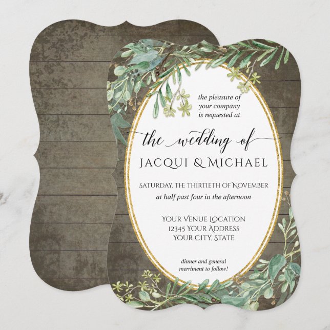 Boho Watercolor Eucalyptus Foliage Rustic Wood Invitation (Front/Back)