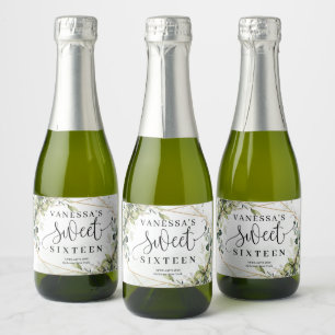 Boho watercolor eucalyptus gold frame sweet 16th  sparkling wine label