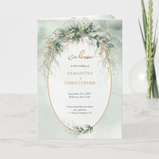 Boho watercolor eucalyptus gold oval frame program programme (Front)