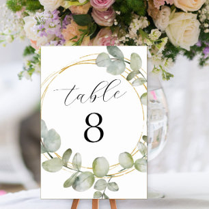 Boho Watercolor Eucalyptus & Gold Wedding Table Number