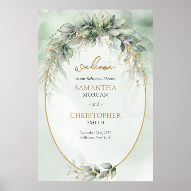 Boho watercolor eucalyptus gold Welcome rehearsal Poster (Front)