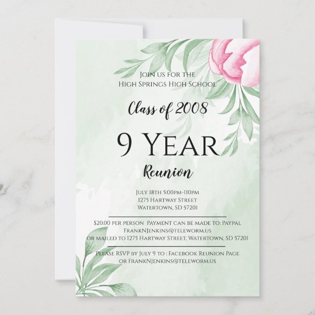 Boho Watercolor Eucalyptus High School Reunion Invitation (Front)