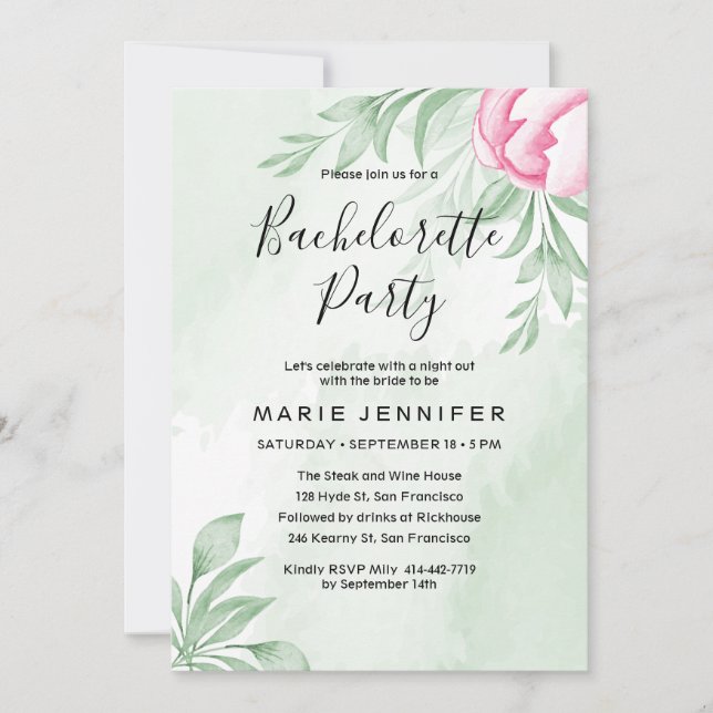 Boho Watercolor Eucalyptus Leaves bachelorette Invitation (Front)