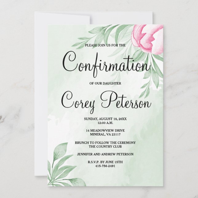 Boho Watercolor Eucalyptus Leaves Confirmation Invitation (Front)