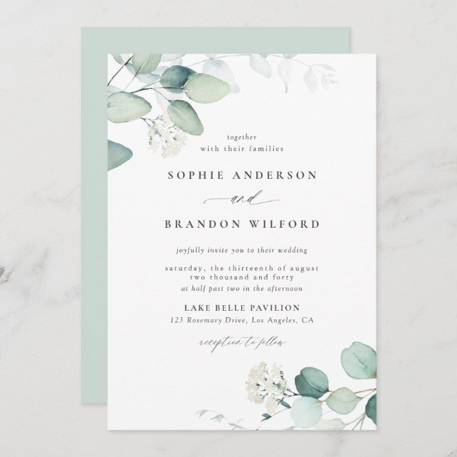 Boho Watercolor Eucalyptus Leaves Greenery Wedding Invitation (Front/Back)