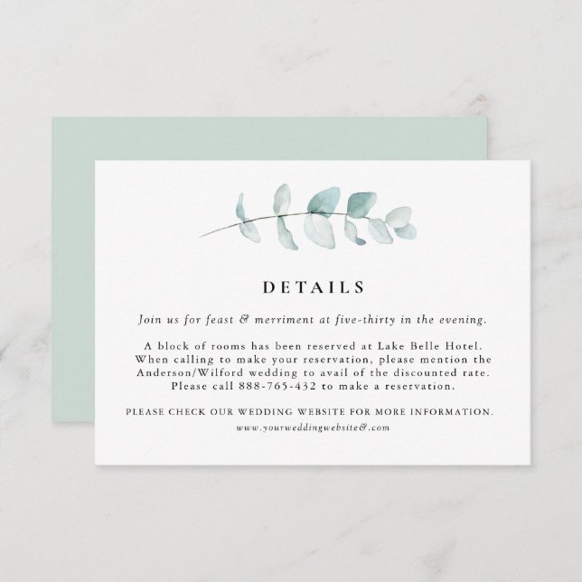 Boho Watercolor Eucalyptus Leaves Wedding Details Enclosure Card (Front/Back)