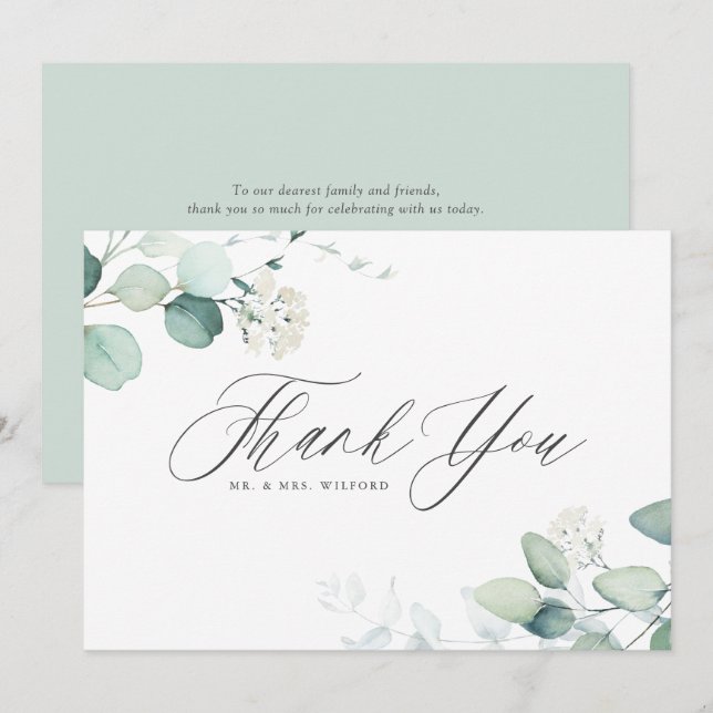 Boho Watercolor Eucalyptus Leaves Wedding Thank You Card (Front/Back)