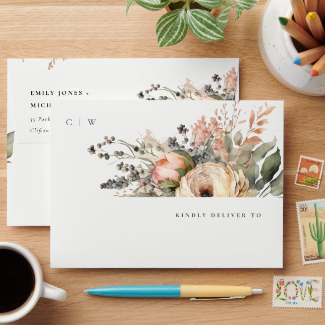 Boho Watercolor Fall Autumn Floral Details Wedding Envelope (Desk)