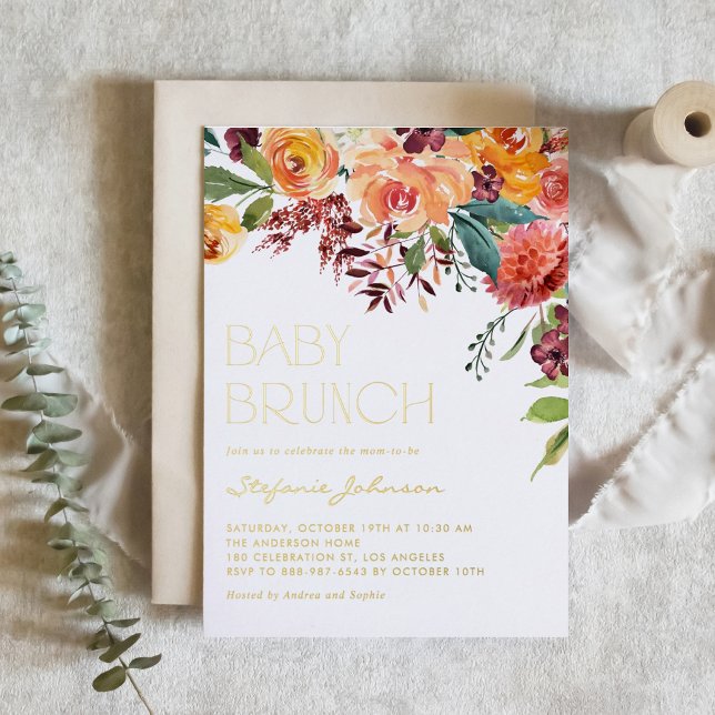 Boho Watercolor Fall Floral Bouquet Baby Brunch (Autumn baby brunch gold foil invitation featuring watercolor fall flowers in autumnal shades. )