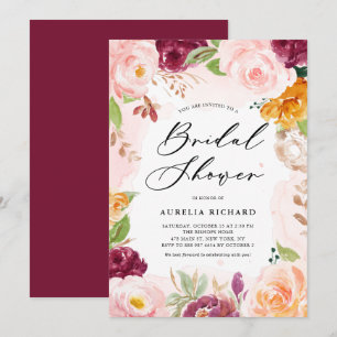 Boho Watercolor Fall Floral Frame Bridal Shower Invitation