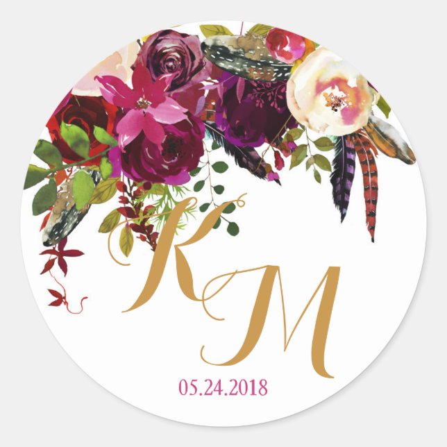 Boho Watercolor Fall Floral Modern Wedding Label (Front)