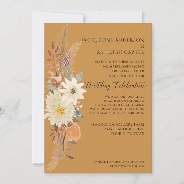 BOHO Watercolor Fall Floral Pampas Grass Mustard Invitation (Front)