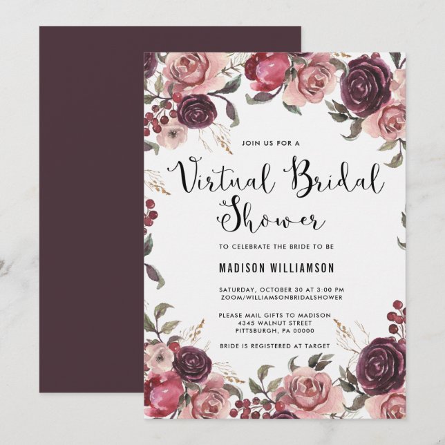 Boho Watercolor Fall Floral Virtual Bridal Shower Invitation (Front/Back)