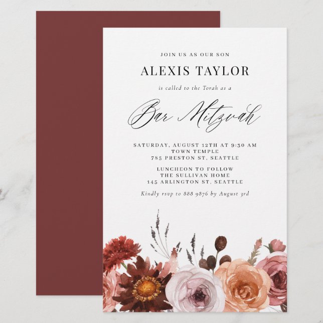 Boho Watercolor Fall Flower Bar Mitzvah Invitation (Front/Back)