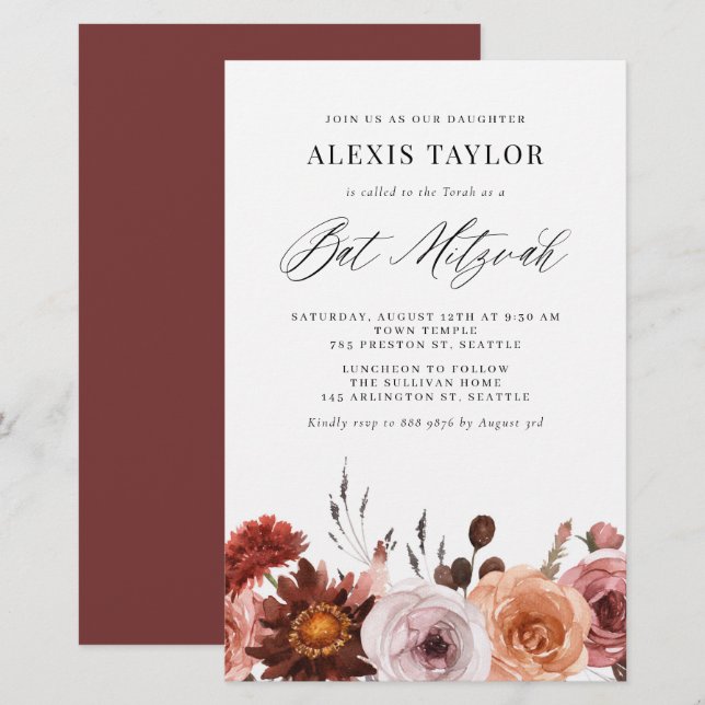 Boho Watercolor Fall Flower Bat Mitzvah Invitation (Front/Back)