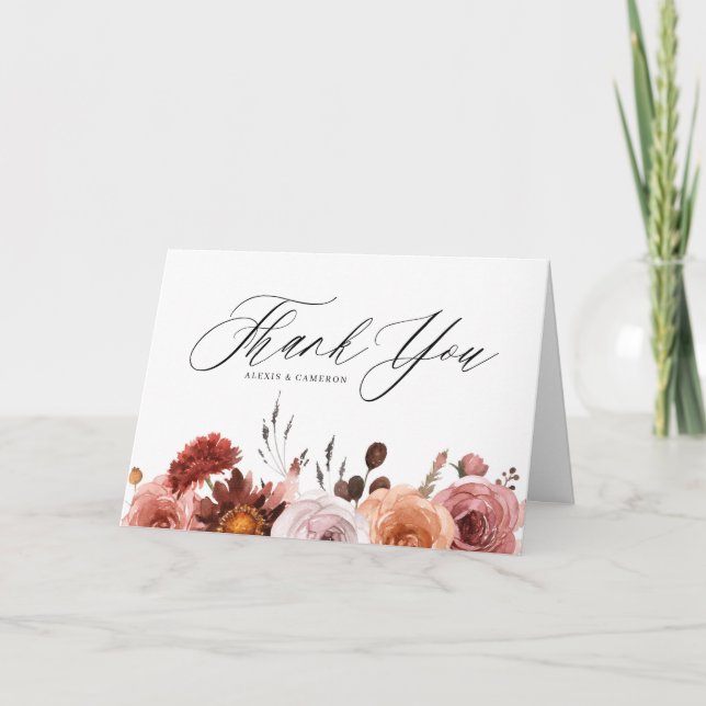 Boho Watercolor Fall Flower Wedding Thank You Card (Front)
