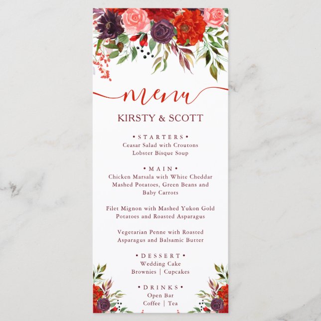 Boho Watercolor Fall Flowers Wedding Menu (Front)