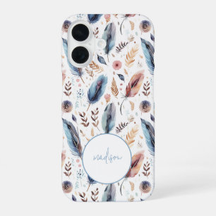 Boho Watercolor Feather Floral Personalised iPhone 16 Case