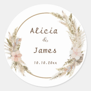 Boho Watercolor Feather Foliage Classic Round Sticker