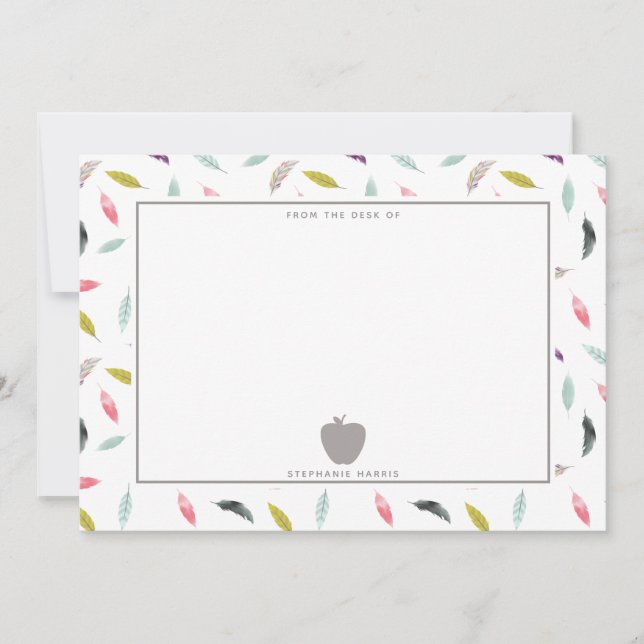 Boho Watercolor Feather Grey Apple Teacher Card (Front)