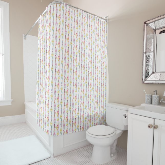 Boho watercolor feathers and beads pattern shower curtain (In Situ)