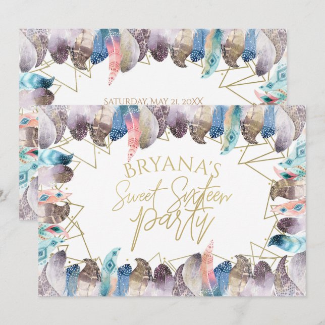 Boho Watercolor Feathers Gold Sweet 16 Invitations (Front/Back)