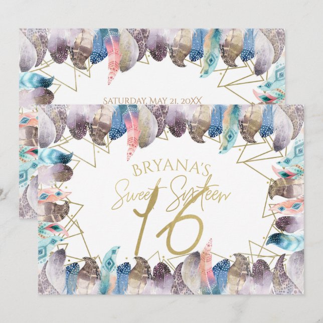 Boho Watercolor Feathers Gold Sweet 16 Invitations (Front/Back)