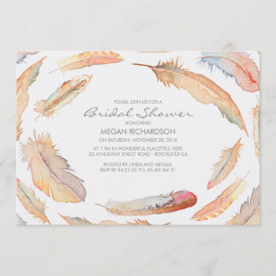 boho watercolor feathers tribal bridal shower invitation