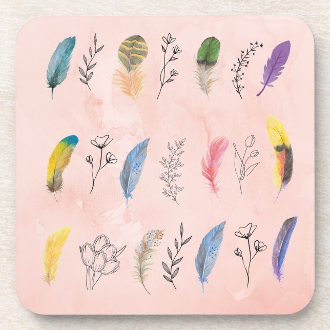 Boho Watercolor Feathers with Floral Line Drawings Coaster (Front)