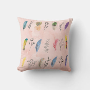 Boho Watercolor Feathers with Floral Line Drawings Cushion