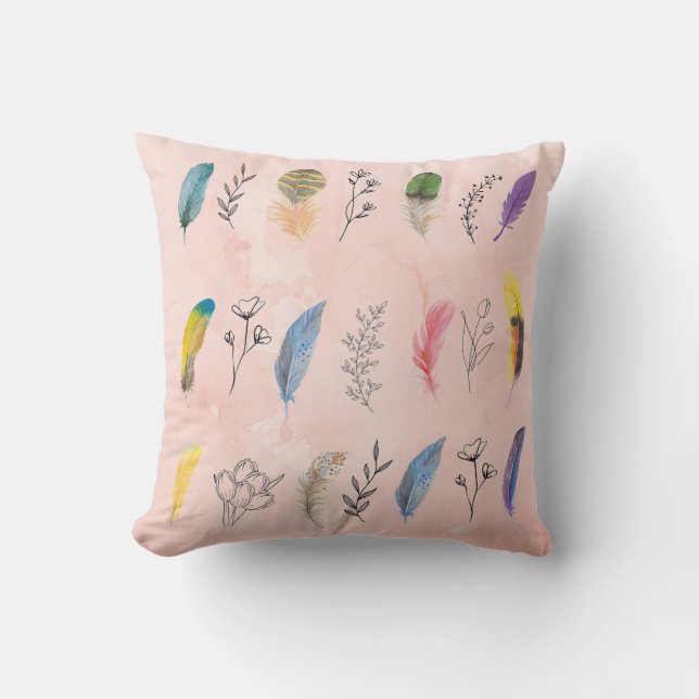 Boho Watercolor Feathers with Floral Line Drawings Cushion (Front)