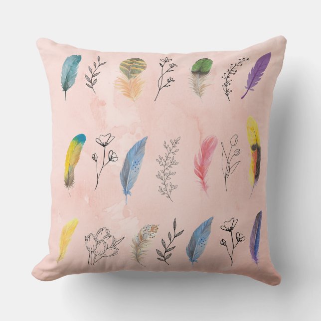 Boho Watercolor Feathers with Floral Line Drawings Cushion (Front)