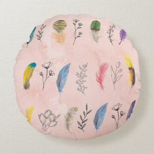 Boho Watercolor Feathers with Floral Line Drawings Round Cushion