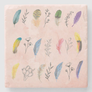 Boho Watercolor Feathers with Floral Line Drawings Stone Coaster