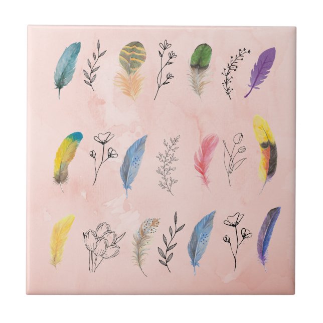Boho Watercolor Feathers with Floral Line Drawings Tile (Front)