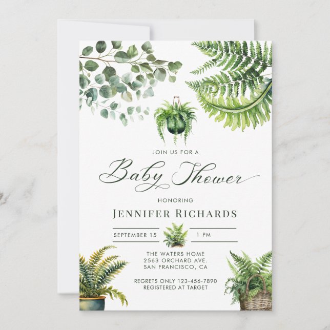 Boho Watercolor Fern Eucalyptus Baby Shower Invitation (Front)