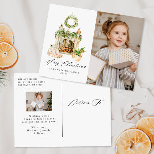 Boho Watercolor Fireplace With Greenery 2 Photo Holiday Postcard