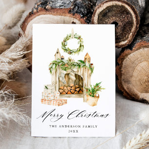Boho Watercolor Fireplace With Greenery Non-Photo Holiday Card