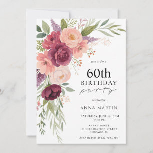 Boho Watercolor Floral 60th Birthday Party Invitation