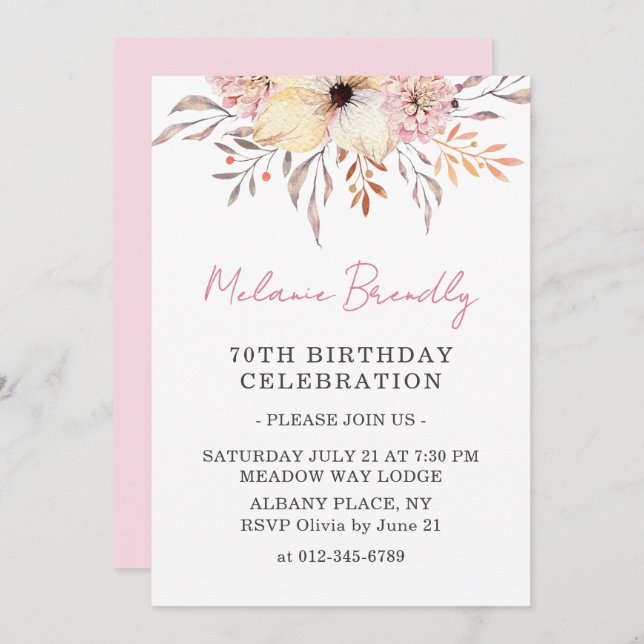Boho Watercolor Floral 70th Birthday Party Invite  (Front/Back)