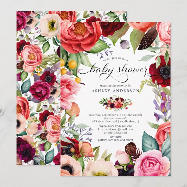 Boho Watercolor Floral Baby Shower Invitation (Front/Back)