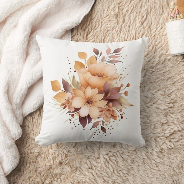 Boho Watercolor Floral Beige Flowers Splatter Art Cushion (Blanket)