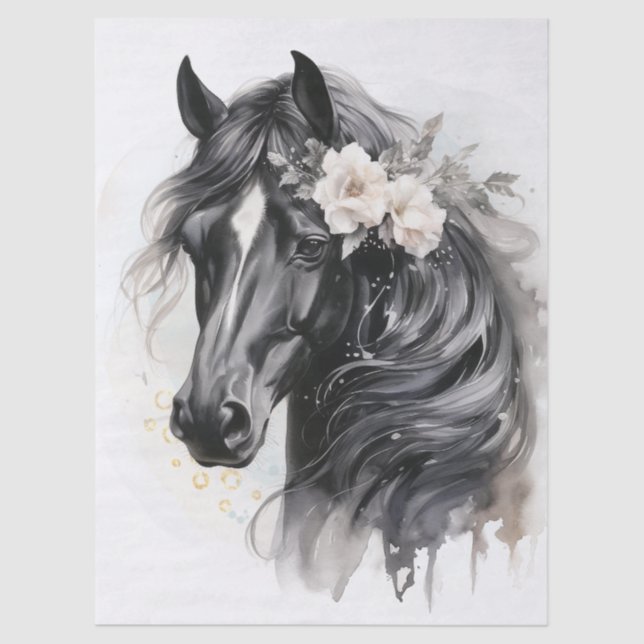 Boho Watercolor Floral Black Horse Tissue Paper (Front)