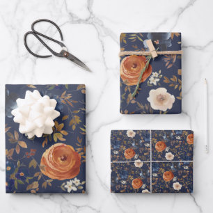 Boho Watercolor Floral Blue Terracotta Wrapping Paper Sheet