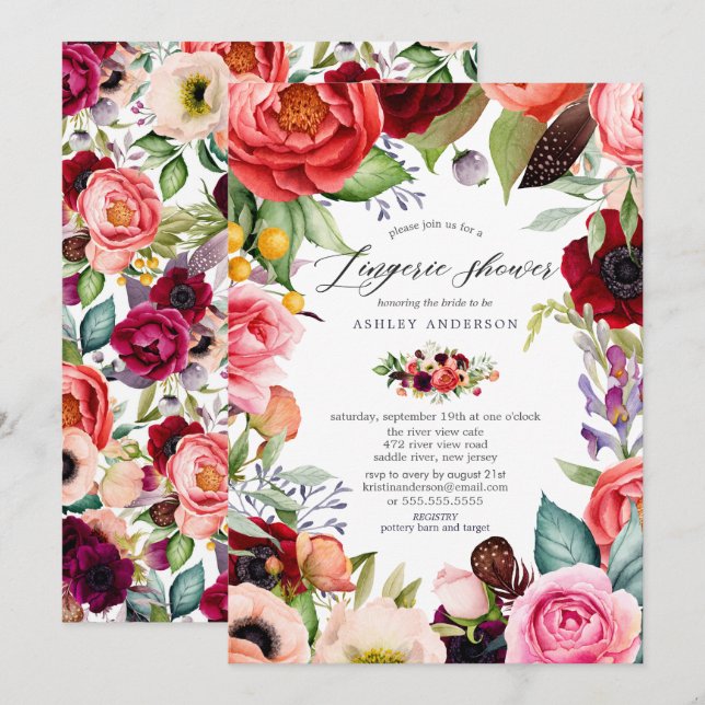 Boho Watercolor Floral Bridal Lingerie Shower Invitation (Front/Back)